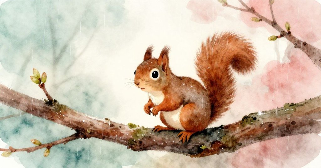 棕色松鼠在雨後樹枝上環顧，濕潤的樹皮與新發綠芽呈現季節更迭，彰顯大自然更新與生機勃勃的氛圍。