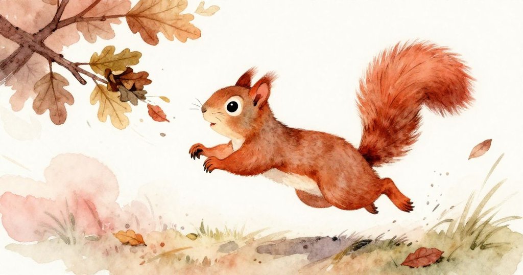 棕色松鼠以敏捷動作跳躍捕捉從上方落下的樹葉，展現迅捷與決心，背景中充滿活力與運動感。