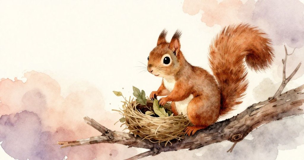 棕色松鼠整理新巢後，輕輕揮尾告別搖曳樹枝，溫馨場景中展現告別情懷和寧靜森林背景。