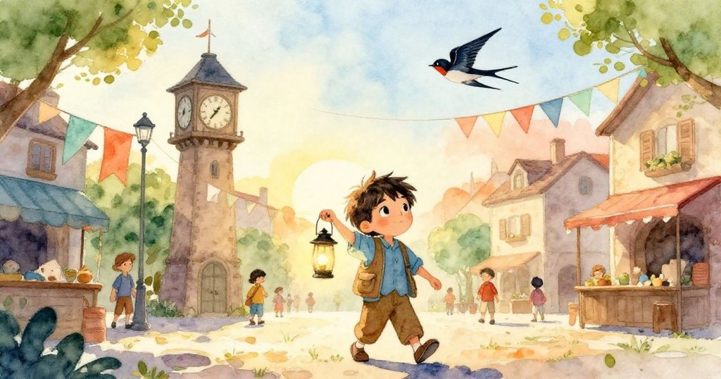 尼科帶著燈籠走向鐘樓,廣場上舊舊新新裝飾交織,燕子飛舞,晨光溫暖充滿希望。
