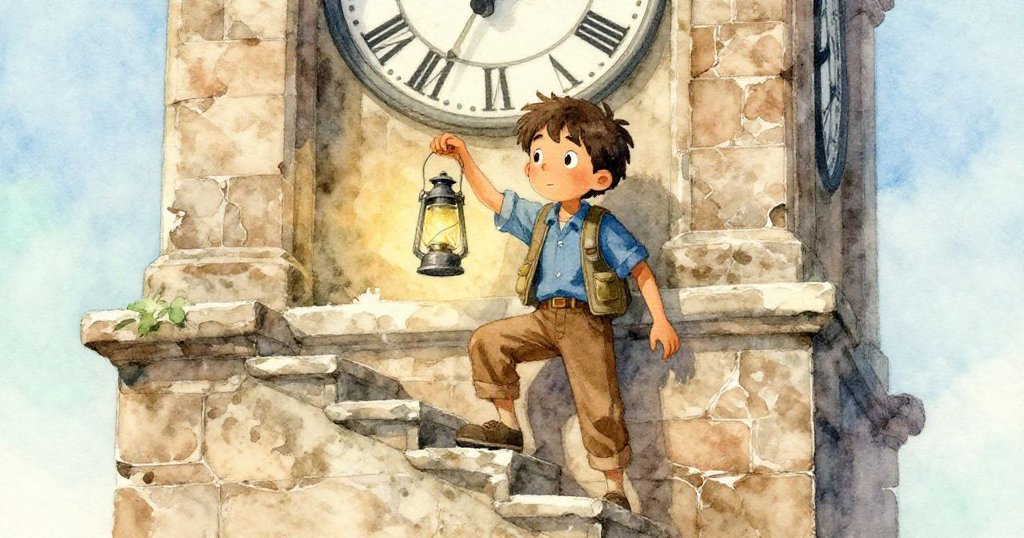 尼科攀登修補過的石階,手握燈籠仔細穩步上行,石面細節清晰,充滿期待與小心。