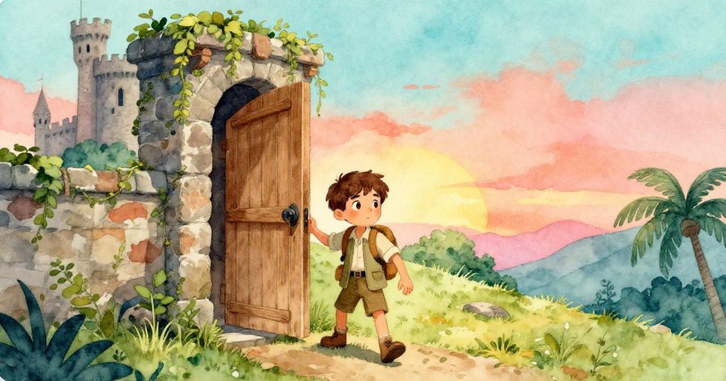 Ethan跨入舊木門，站於城堡入口處，臉上滿懷決心與好奇，背景有藤蔓和斑駁牆面，夕陽溫暖照耀