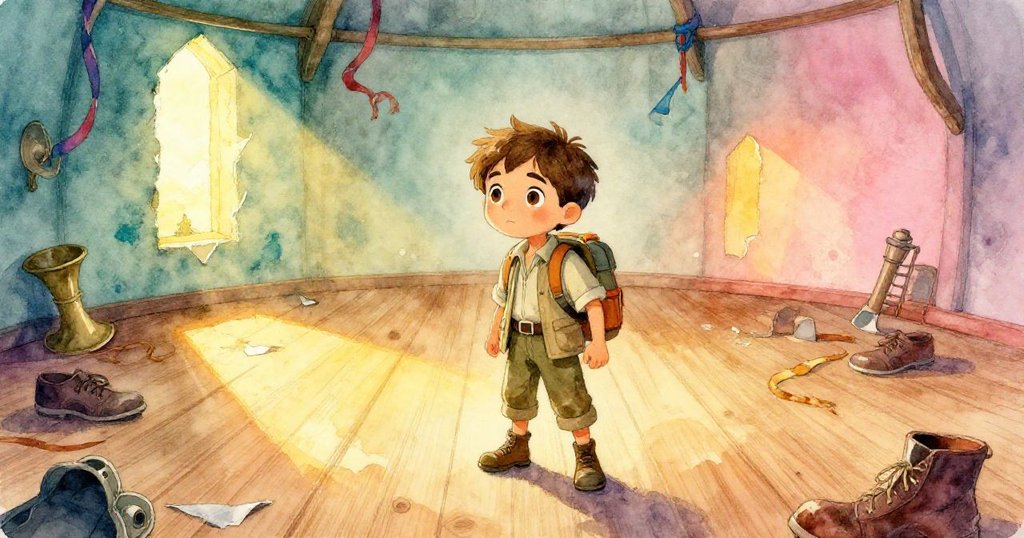 Ethan站在塔內圓形房間中，金光灑落在被遺忘的舞池上，背景有破舊鞋子和彩帶，散發復古神秘感