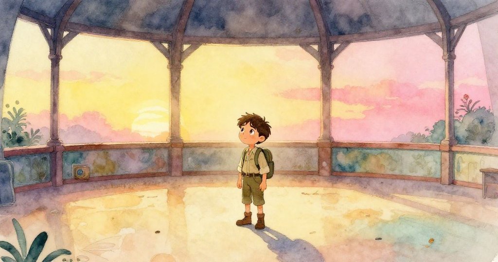 Ethan在夕光中立於古塔空曠舞池中央，收起相機神情沉思，背景呈現柔和餘暉與寧靜回憶