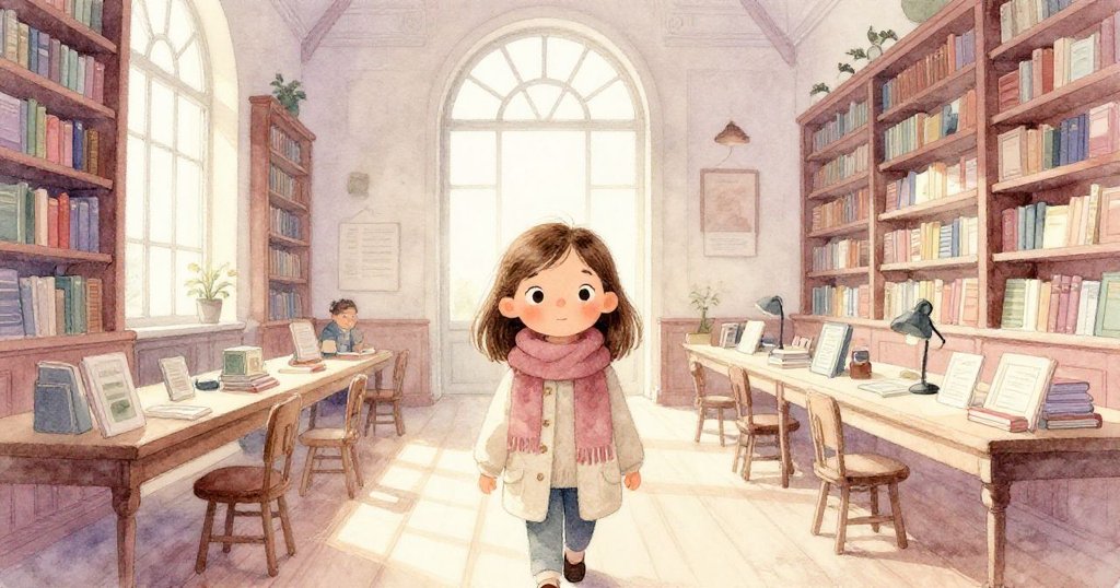 諾拉踏入圖書館，拱形窗透進溫暖光線，大廳安靜，充滿詩意氛圍，表情堅定。