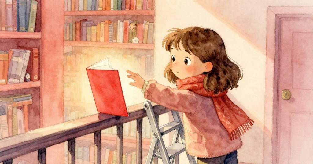 諾拉在陽台前尋找紅色筆記本，手伸向閃亮筆記本，旁有摺疊梯，表情專注溫暖光影環繞。