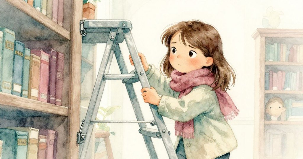 諾拉攀爬梯子時，金屬合頁彷彿固執卡住，她調整重心，臉上流露堅定與微妙緊張感。