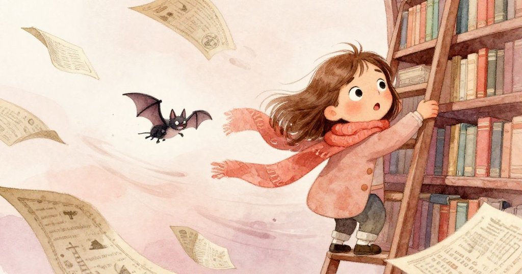 強風旋動地圖書頁如展翅，小蝙蝠驚飛現身，諾拉於梯上驚愕，動感光影映襯書庫場景。