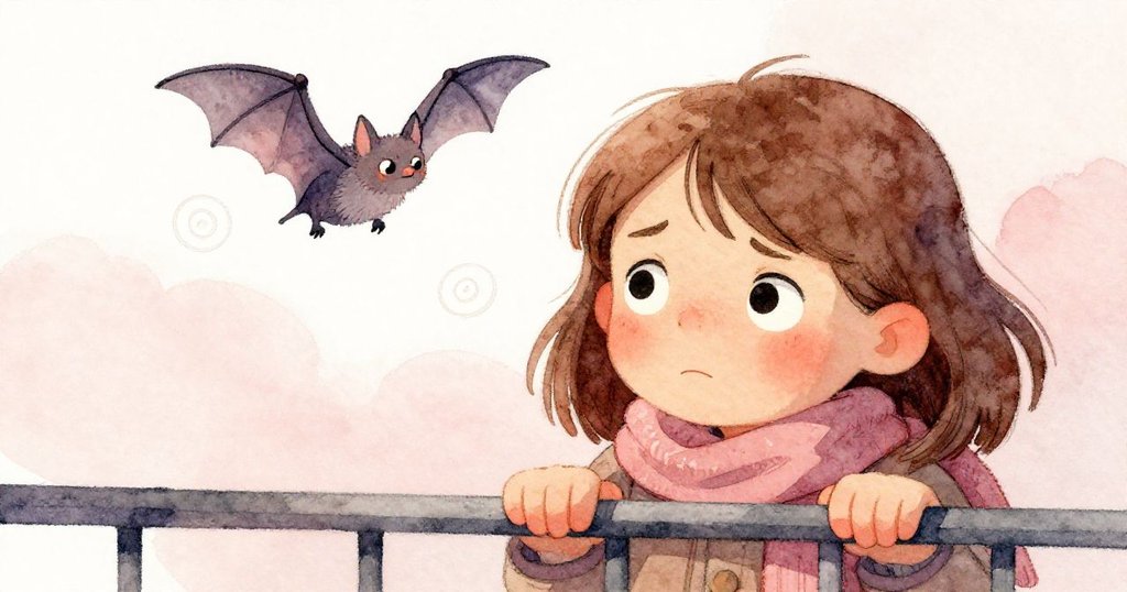 諾拉緊握欄杆，面露緊張與釋然，小蝙蝠在背後盤旋，光影明暗交錯，捕捉關鍵瞬間。