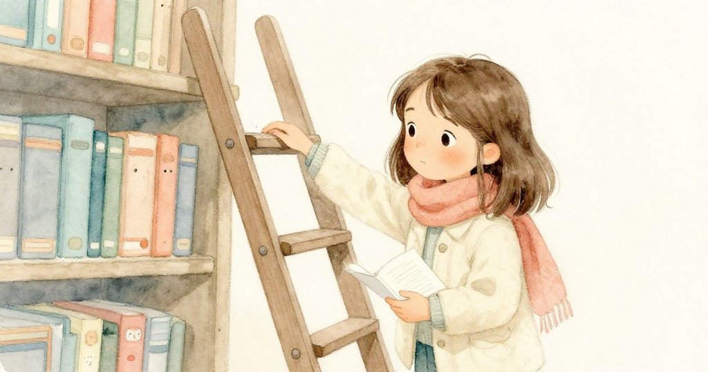 諾拉安全下降梯子，筆記本緊抱於臂，輕拂袖上塵埃，書庫恢復寧靜，展現希望與落幕之感。