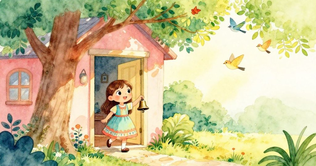 莉莉手持新鐘走出溫暖的房子，背景有高大樹木和鳥兒，光線柔和，展現故事開端的歡樂與期待。
