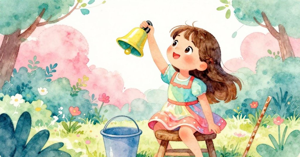 莉莉小心踏上凳子舉起閃亮的鐘，旁邊有裝著長棍的水桶，畫面表現出探索和興奮的中段情節。