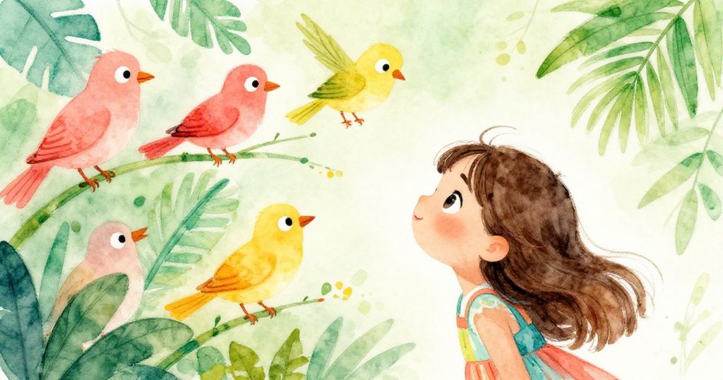 從鳥瞰角度看見莉莉抬頭注視枝上嬉戲的鳥兒，綠葉與光影交織，展現故事發展中的奇妙與快樂。