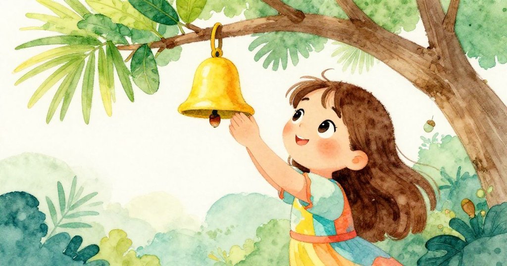 從樹枝高處俯瞰，莉莉專注調整掛在枝上的鐘，陽光下展現綠意盎然與即將落下的橡果，情節進入高潮。