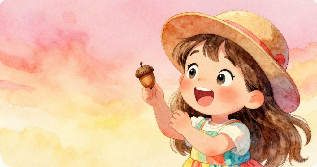 莉莉因橡果輕觸帽子而露出驚喜笑容，近景捕捉她快樂與好奇的表情，展現故事高潮的奇妙發現。