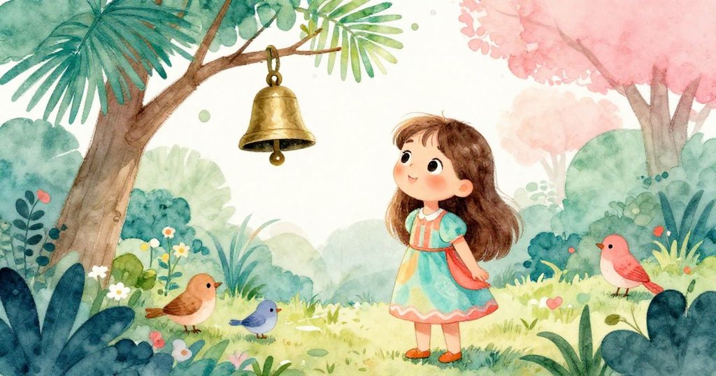 莉莉在寧靜庭園中安詳站立，掛在枝上的鐘靜默陪伴，鳥兒環繞，展現故事結尾的和諧與喜悅。