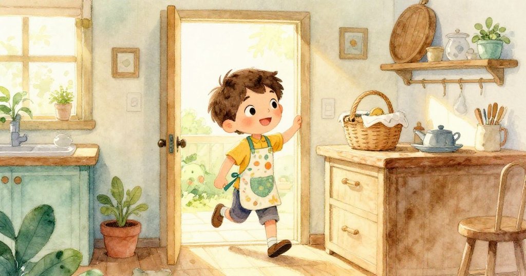 米洛在充滿晨光的廚房中準備出門,手裡拿著布籃,站在敞開的門口,臉上流露出期待與好奇的神情。