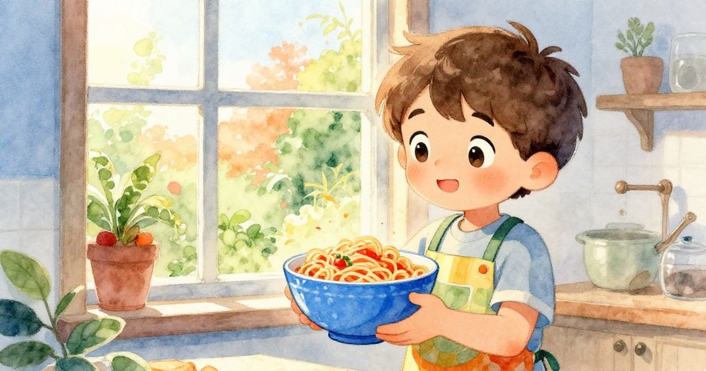 米洛舉起盛滿意粉的藍色大碗,透過窗戶可見充滿生機的夏日花園,眼神流露出溫柔與期待。