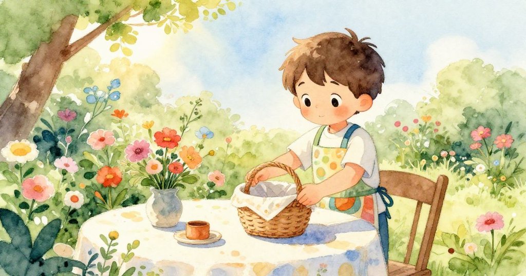 米洛走進充滿夏日氣息的花園,輕放布籃在陽光下的桌旁,周圍盛開著綻放的花朵,呈現寧靜與歡快。