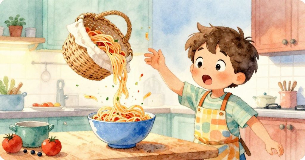 米洛意外滑倒瞬間,藍碗飛起,布籃如網般及時接住碗,畫面充滿驚訝與緊張的動感。