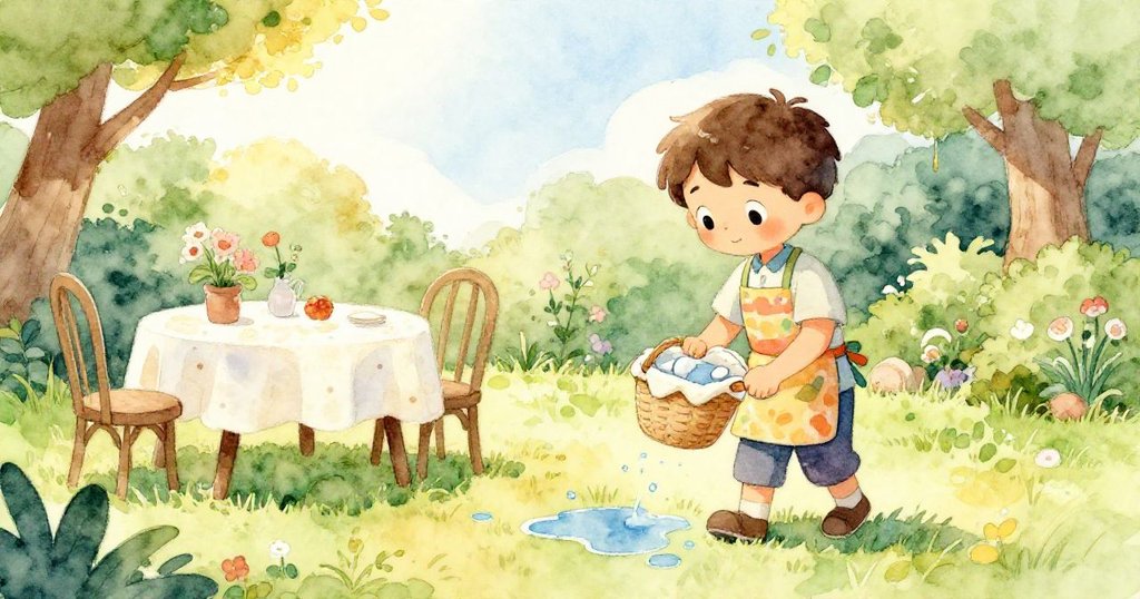 米洛平靜地擦去地板上的水漬,手提布籃走向陽光花園桌,整個場景洋溢著溫馨與安寧。