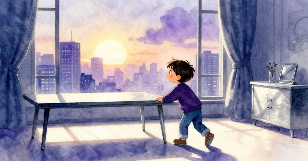 在晨光中，Milo 積極推動桌子向窗邊前進，充滿期待與溫暖，室內外光影交錯展現開始的故事。