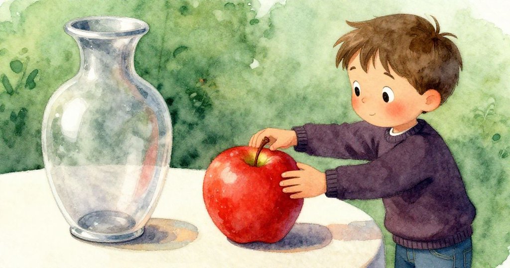 Milo 聚精會神地擺放著透明花瓶與紅蘋果，手部細節清晰，物品質感與溫暖光線交織呈現故事開始。