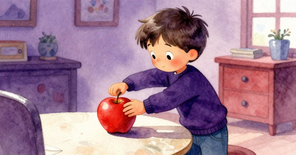 從後方看Milo細心旋轉紅蘋果，專注調整姿態，背景中窗簾與桌面淡出，展現決心與動作過程。