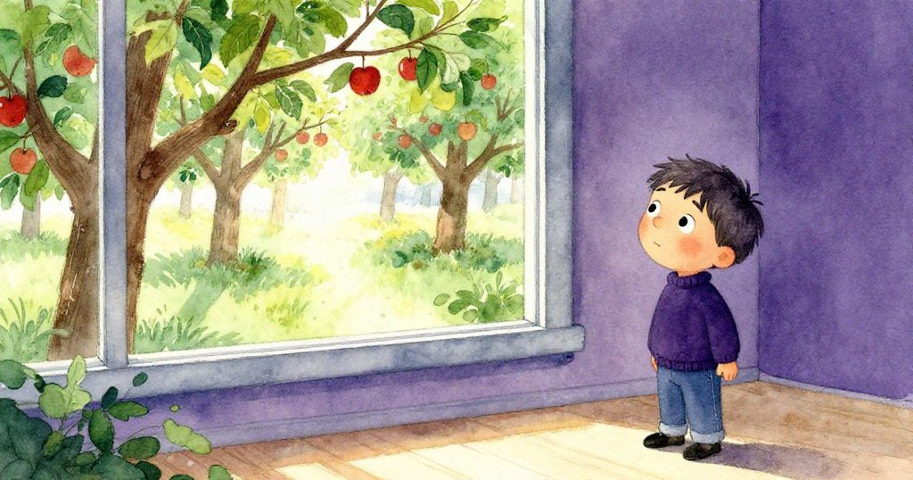 Milo 透過窗戶凝視遠處成熟蘋果樹的果園，室內外光影交織，展現故事即將轉向田園風光的期待。
