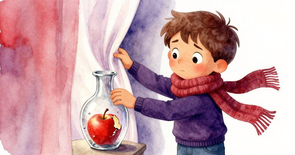 Milo 緊張專注地用羊毛圍巾固定搖晃的花瓶，窗簾隨風翻動，蘋果開始裂縫，展現情緒衝突與轉折。