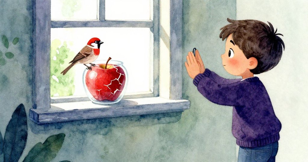 Milo 拍下發光裂縫的蘋果，窗沿上麻雀輕啄蘋果碎片，臉上流露滿足與成就，場面平靜而美好。