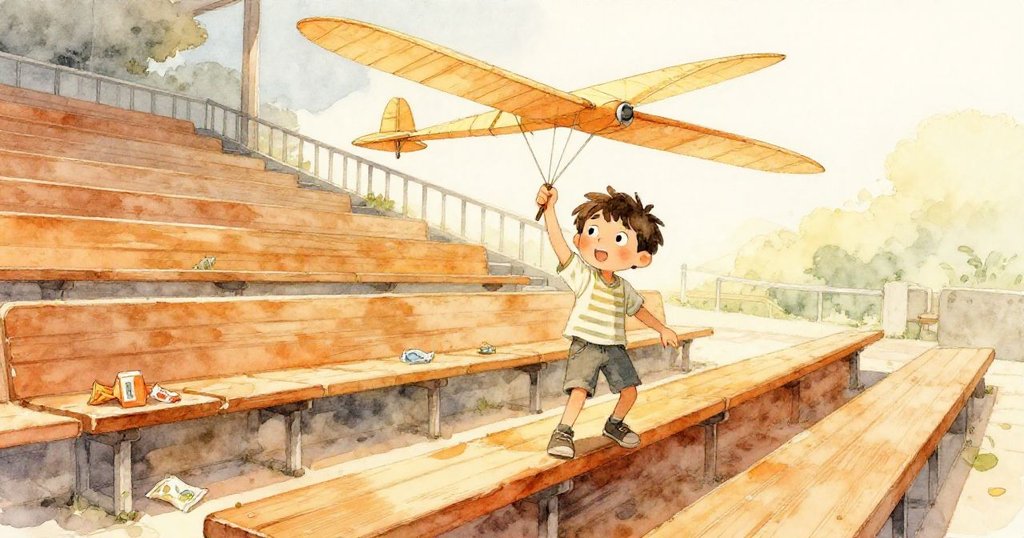 Leo攀爬木質看台,懷抱輕木滑翔機,散落包裝圍繞空椅,溫暖陽光照耀,神情充滿好奇與期待。