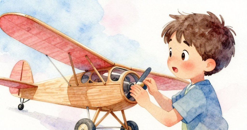 Leo低頭檢視輕木滑翔機,手指輕觸刻有蠟筆記號的翼尖,背景柔和自然,神情專注與懷念。