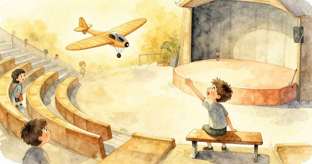 從高處俯瞰,Leo站在看台頂端發射滑翔機,下方空座與舞台相映,神情充滿期待與緊張。