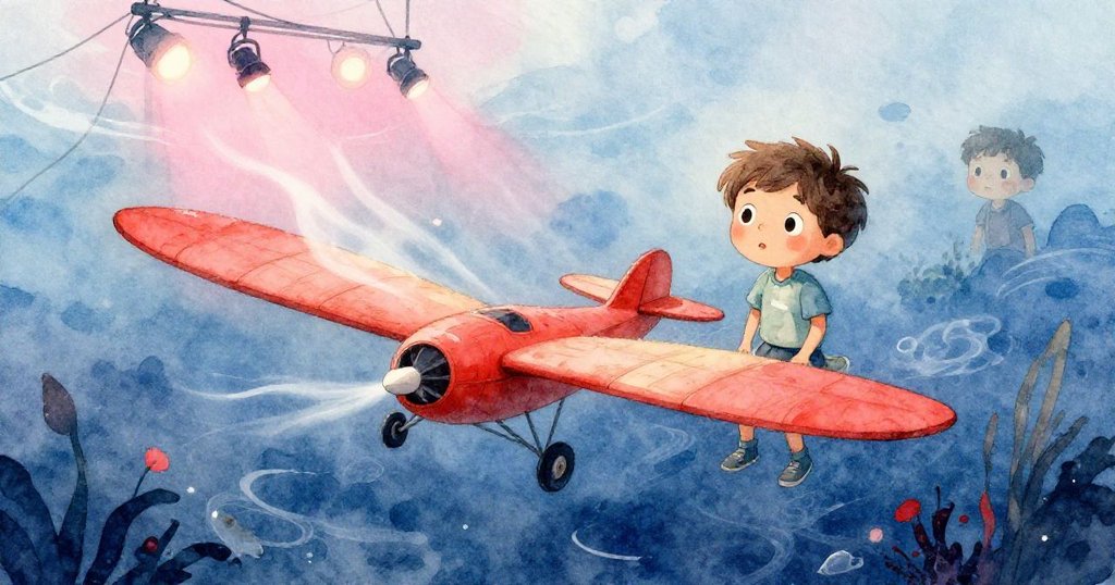 Leo目光注視滑翔機劃過燈光區,宛如水下夢幻般流動,場景展現神秘與驚奇,微風拂過劇場。