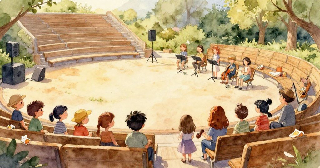 紙屑從滑翔機旁的紙條橫幅中飛散,樂器和觀眾沐浴在彩色光芒中,場面歡樂且充滿驚喜。