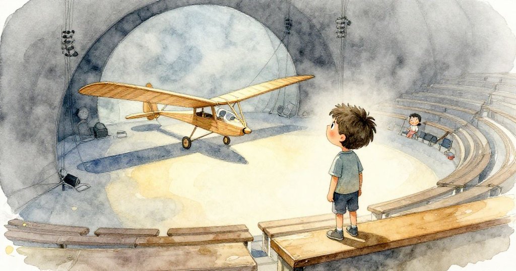 Leo站在看台上靜觀滑翔機安歇於舞台陰影中,場景回歸靜謐與溫馨,表情平靜且充滿滿足。