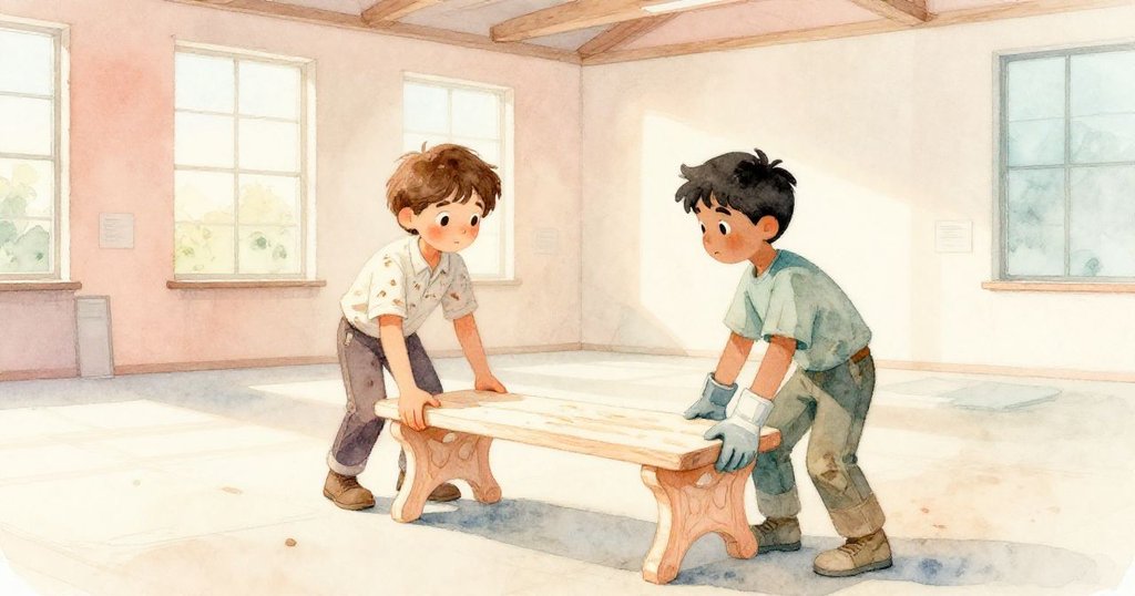 黎明中，Riley和Mateo在展覽廳內搬運楓木長椅，窗外晨光灑入，兩人神情專注且充滿希望。