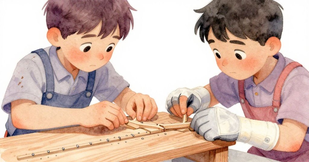 Riley和Mateo專注的手部特寫，輕觸具精細榫接工藝的楓木長椅，手上沾有木屑，色調柔和溫暖。