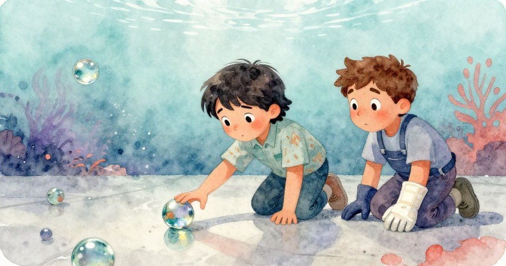 展覽廳中，彈珠在光滑地面形成水面般反光，Riley彎身拾取彈珠，Mateo驚喜注視，場面充滿夢幻詩意。