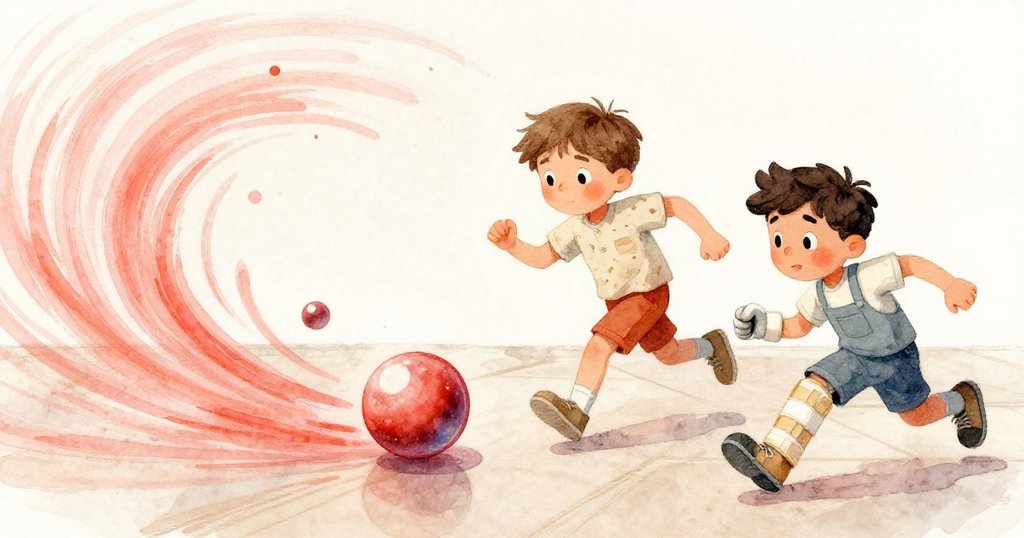 在動感畫面中，彈珠劃出光跡，Riley伸手撥向彈珠，Mateo持板協助穩定物品，場面充滿活力。