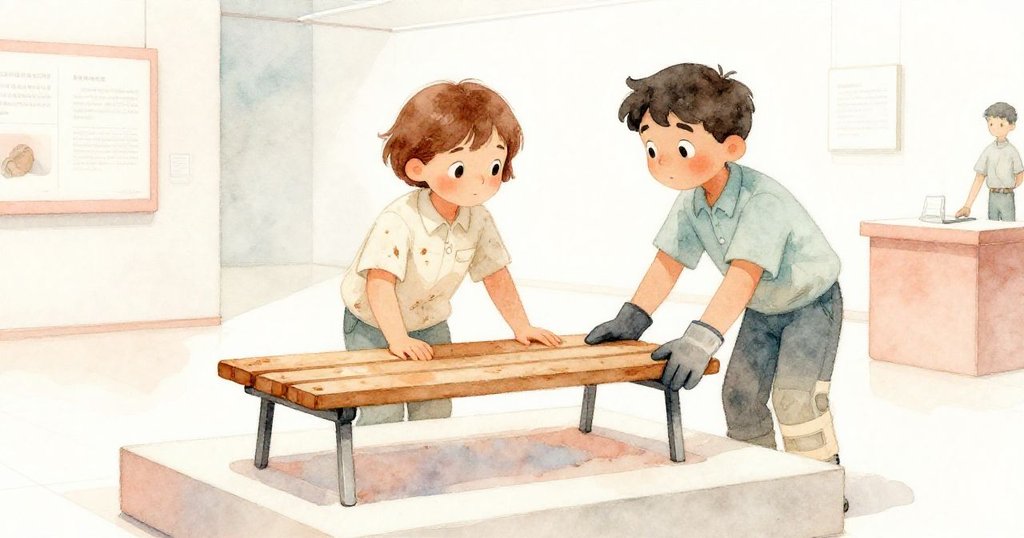 展覽廳恢復寧靜，Riley與Mateo將楓木長椅安放在展台上，臉上露出滿足與平和，最後彈珠輕旋落定。