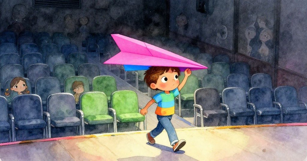 米洛走入空蕩禮堂，手持明亮紙飛機，進入舞台，神情既緊張又期待，背景散發柔和晨光與現代色彩。