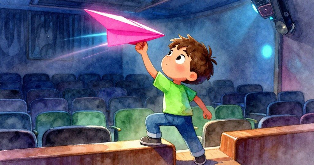 米洛踏上木階，調整著紙飛機，步伐穩健且充滿決心，背景中透出溫暖燈光與未來感色彩。