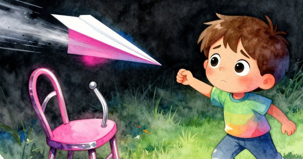 米洛第一次投擲紙飛機時，紙飛機飛行模糊撞向座椅後摺落，臉上流露出失落與堅定，動感瞬間鮮明。