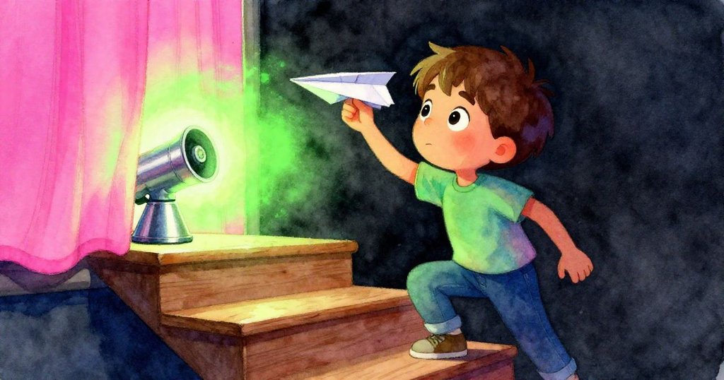 米洛在舞台過渡區拾起紙飛機，同時發現幕後隱藏的霧機，臉上帶著好奇和堅定，環境充滿戲劇性光影。