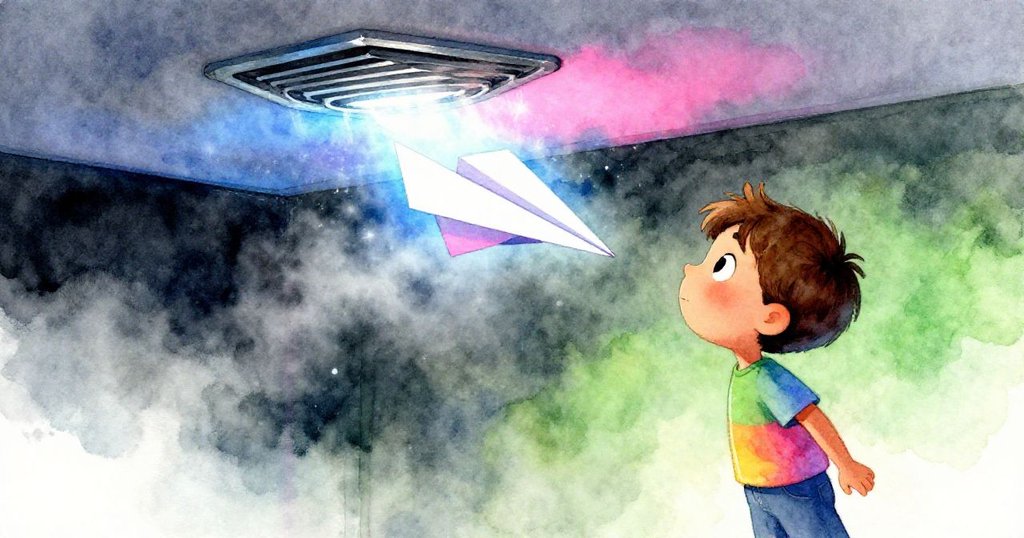 米洛望著紙飛機乘霧而起飛往天花板小風口，臉上充滿驚奇與喜悅，現場靜謐中透出奇蹟氣息與希望。