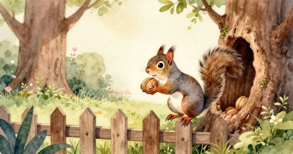 小灰松鼠在晨曦中，小心叼著大胡桃，走上花園籬笆，背景有古老橡樹和晾衣繩，表情充滿期待與好奇。