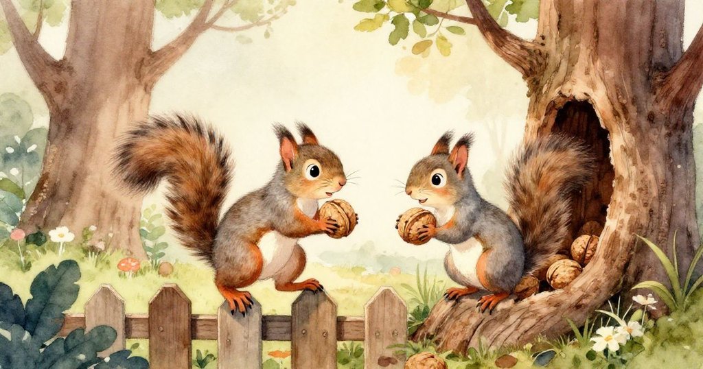 從高處俯視，小灰松鼠在繃緊晾衣繩上小心跨步，胸前緊抱著胡桃，庭院中呈現出一絲緊張與勇敢的氛圍。