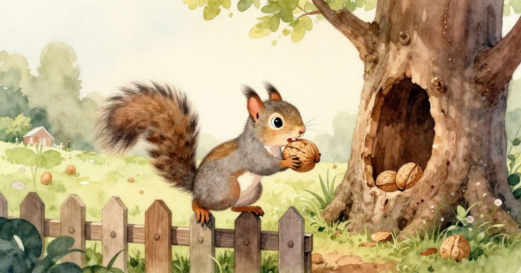 小灰松鼠將胡桃輕輕放入古橡樹樹洞中，落葉鋪地，庭院靜謐，顯示出完成任務後的安寧與滿足。